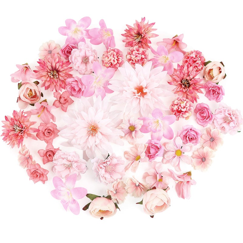 LACGO 48 PCS Fake Flowers Heads - Artificial Flower Heads Bulk Silk Faux Rose DIY Flower Embellishments Blossom Wreath Bouquets for Crafts Wedding Bridal Party Baby Shower Home Decoration(Pink) - Image 1