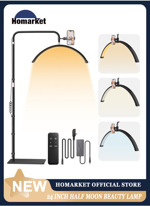 Half Moon Light - LED Floor Lamp for Lash and Eyelash Extensions, Tattoos, Estheticians, Office, Living Room, Working,Beauty, Skincare, Lashes, Eyebrows and Reading - Cool/Warm Light, Adjustable Height & Angle, with Phone Holder Black