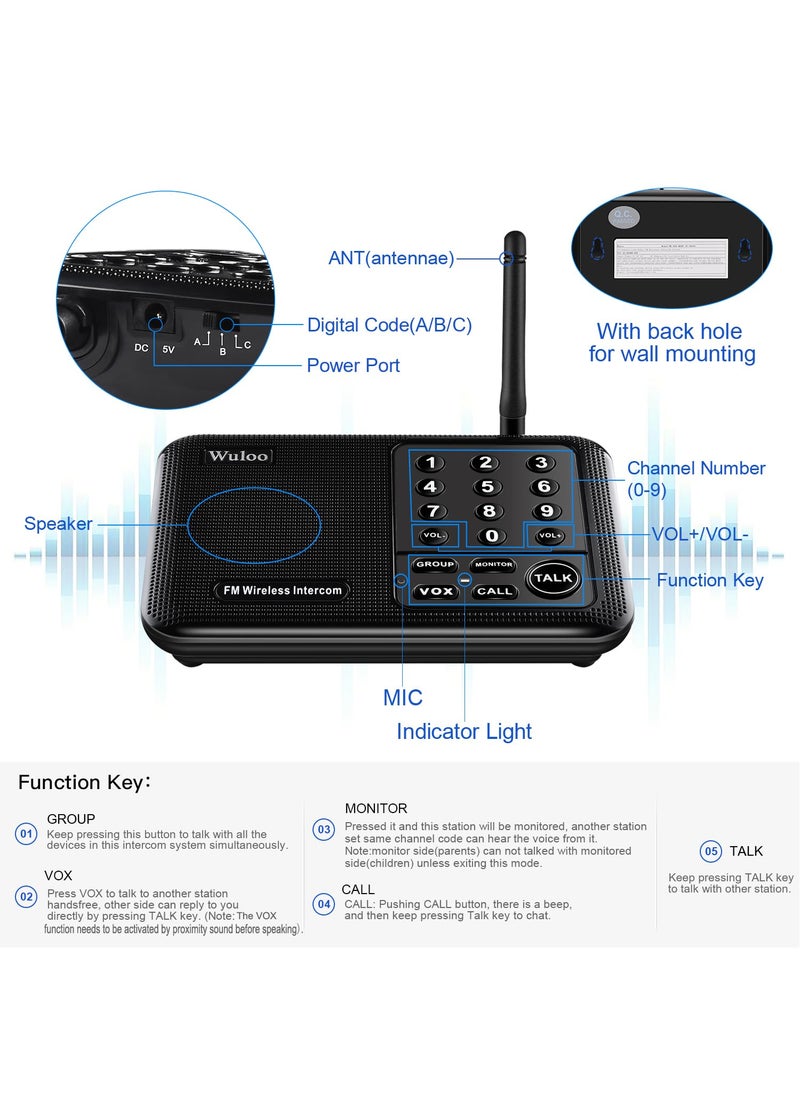 Wuloo Wuloo Intercoms Wireless for Home 5280 Feet Range 10 Channel 3 Code, Wireless Intercom System for Home House Business Office, Room to Room Intercom, Home Communication System (6 Packs, Black)  - Image 5