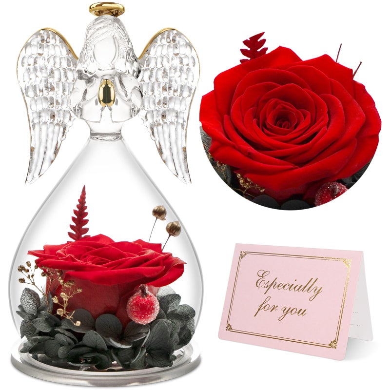 Yamonic Preserved Real Rose Gifts for Women Forever Rose in Glass Angel Figurine Eternal Rose Gifts for HerBirthday Gifts for Mum Grandma WifePreserved Rose Angel Gift for Women on Christmas