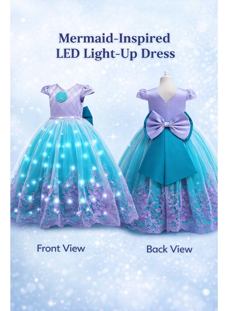 فستان أميرة حورية البحر مضيء للأطفال مع إضاءة LED – فستان تول مع شعر مستعار وتاج وعصا سحرية للحفلات وأعياد الميلاد - Image 3