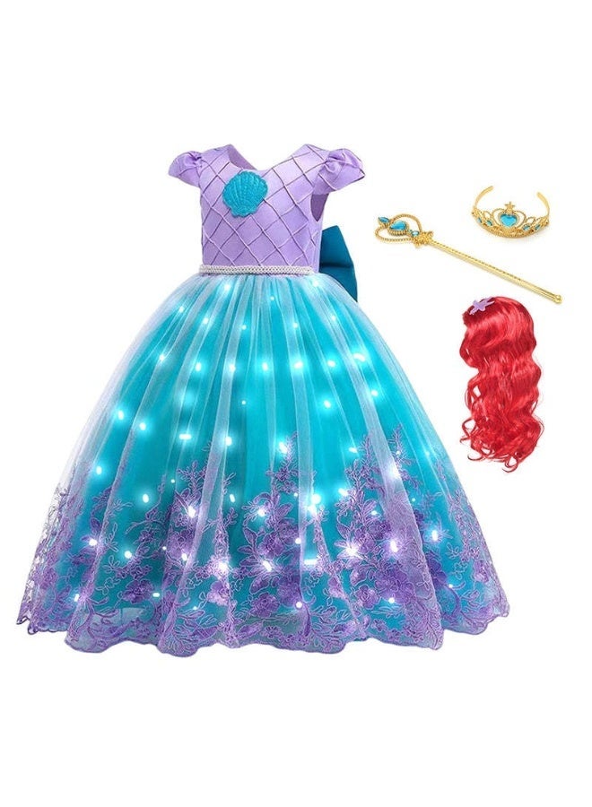 فستان أميرة حورية البحر مضيء للأطفال مع إضاءة LED – فستان تول مع شعر مستعار وتاج وعصا سحرية للحفلات وأعياد الميلاد - Image 2