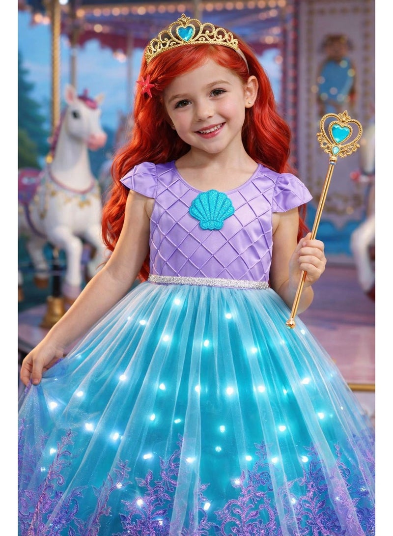 فستان أميرة حورية البحر مضيء للأطفال مع إضاءة LED – فستان تول مع شعر مستعار وتاج وعصا سحرية للحفلات وأعياد الميلاد - Image 1