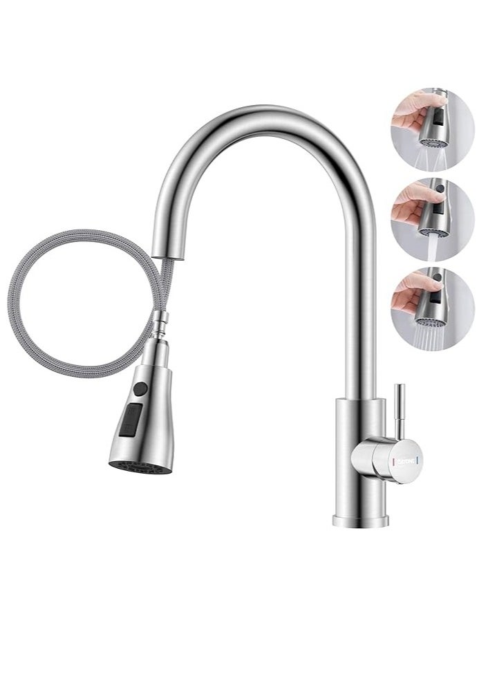 Sundex - Kitchen Tap, Brushed Nickel Kitchen Sink Mixer with Pull Down Sprayer 3 Water Modes, Stainless Steel Sink Faucet for Kitchen, Single Handle/Hole - Image 1