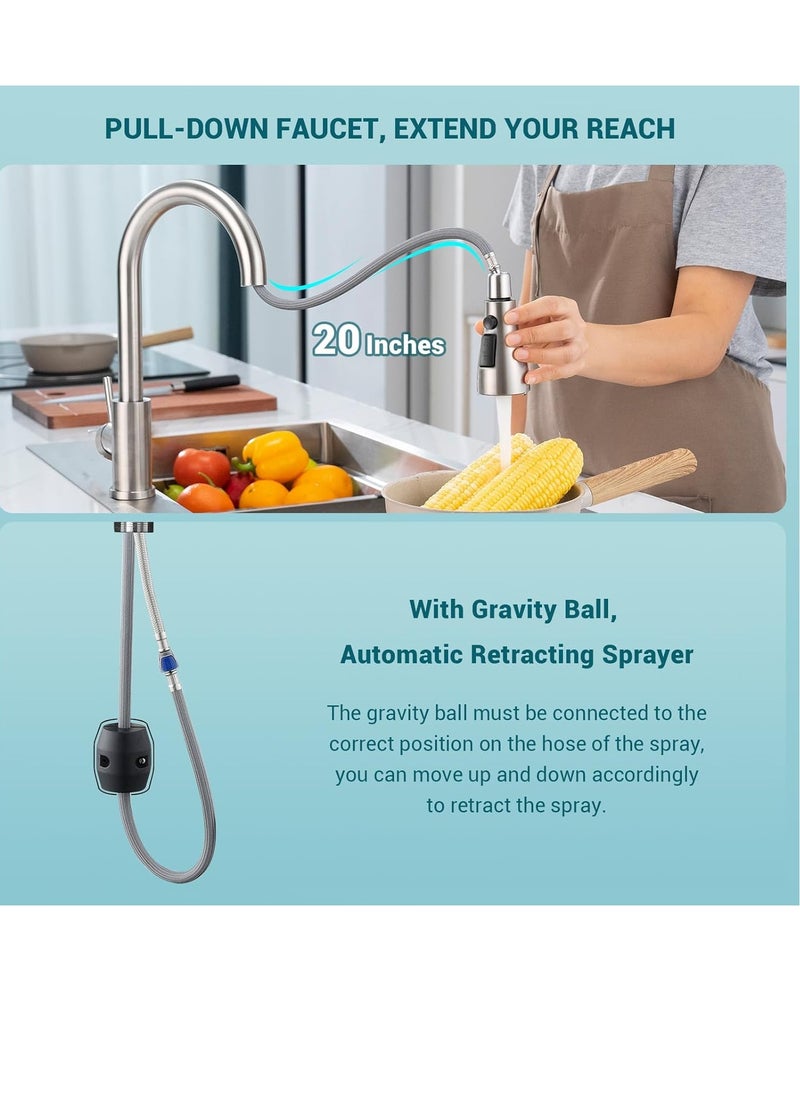 Sundex - Kitchen Tap, Brushed Nickel Kitchen Sink Mixer with Pull Down Sprayer 3 Water Modes, Stainless Steel Sink Faucet for Kitchen, Single Handle/Hole - Image 1