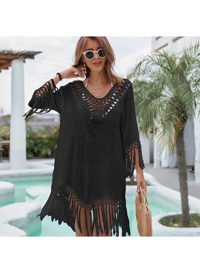 Loquat European And American Hand Hook Stitching Tassel Solid Color Woven Hollow Sunscreen Bikini V-neck Blouse Beach One-piece Skirt-Color:Black- - Image 1