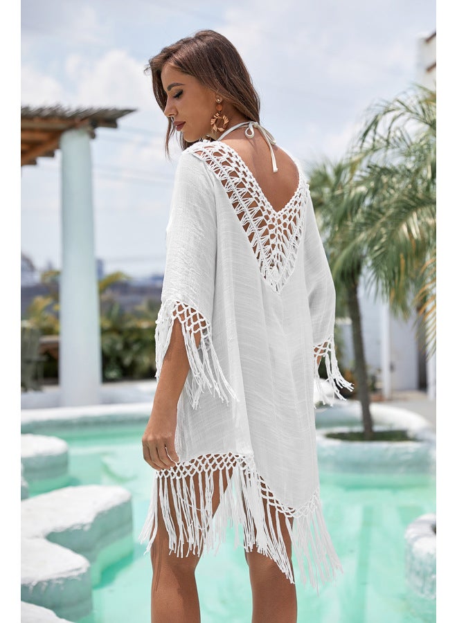 Loquat European And American Hand Hook Stitching Tassel Solid Color Woven Hollow Sunscreen Bikini V-neck Blouse Beach One-piece Skirt-Color:Black- - Image 4