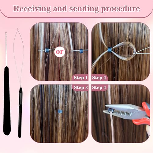 FEXICHUJI Sew in Hair Extensions Kit, Microlink Tool Kit with 600 Silicone Nano Microbeads, 1 Extension Plier, 3 Rolls of Sewing Thread, 2 Hair Pulling Loops, 10 Crochet Hooks, 4 Clips, 1 Comb, 200 Rubber Bands - Image 3