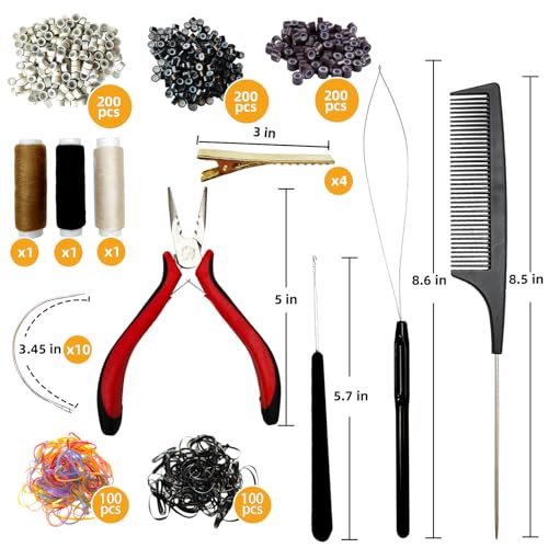 FEXICHUJI Sew in Hair Extensions Kit, Microlink Tool Kit with 600 Silicone Nano Microbeads, 1 Extension Plier, 3 Rolls of Sewing Thread, 2 Hair Pulling Loops, 10 Crochet Hooks, 4 Clips, 1 Comb, 200 Rubber Bands - Image 2