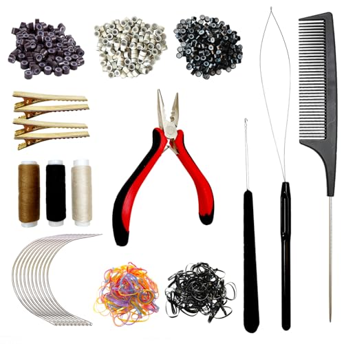 FEXICHUJI Sew in Hair Extensions Kit, Microlink Tool Kit with 600 Silicone Nano Microbeads, 1 Extension Plier, 3 Rolls of Sewing Thread, 2 Hair Pulling Loops, 10 Crochet Hooks, 4 Clips, 1 Comb, 200 Rubber Bands - Image 1