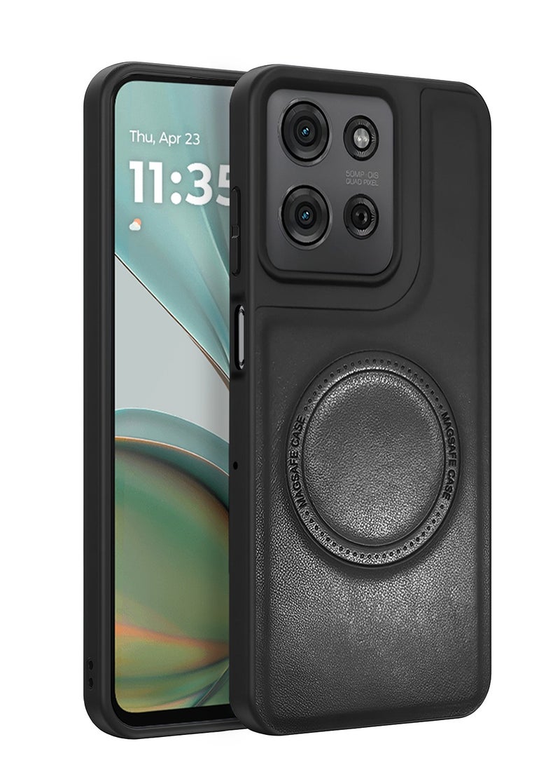 دبليو تيك غطاء موبايل موتورولا موتو جي 75 5G 2024 مع حماية من الصدمات من الجلد الصناعي الفاخر مزود بمغناطيس ماغ سيف - أسود - Image 1