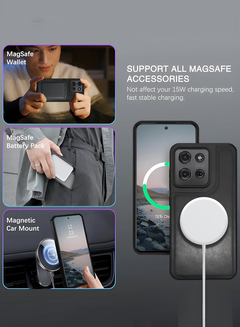 دبليو تيك غطاء موبايل موتورولا موتو جي 75 5G 2024 مع حماية من الصدمات من الجلد الصناعي الفاخر مزود بمغناطيس ماغ سيف - أسود - Image 3