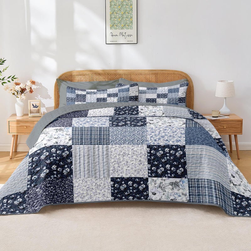 Pamnest Patchwork Quilt Set Queen Size, Floral Boho 3 Pcs Soft Bed Cover Bedding Set, Rustic Blue Farmhouse Lightweight Bedspread Coverlet with 2 Pillow Shams for All Season - Image 1