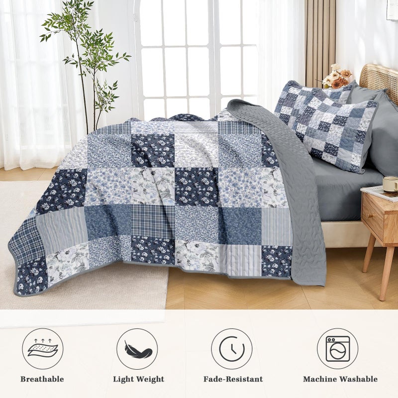 Pamnest Patchwork Quilt Set Queen Size, Floral Boho 3 Pcs Soft Bed Cover Bedding Set, Rustic Blue Farmhouse Lightweight Bedspread Coverlet with 2 Pillow Shams for All Season - Image 4