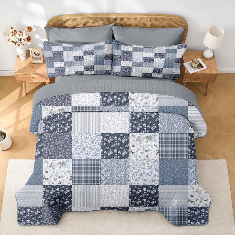Pamnest Patchwork Quilt Set Queen Size, Floral Boho 3 Pcs Soft Bed Cover Bedding Set, Rustic Blue Farmhouse Lightweight Bedspread Coverlet with 2 Pillow Shams for All Season - Image 3