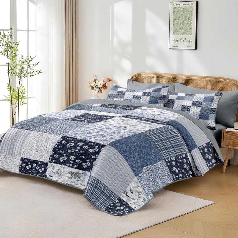 Pamnest Patchwork Quilt Set Queen Size, Floral Boho 3 Pcs Soft Bed Cover Bedding Set, Rustic Blue Farmhouse Lightweight Bedspread Coverlet with 2 Pillow Shams for All Season - Image 2