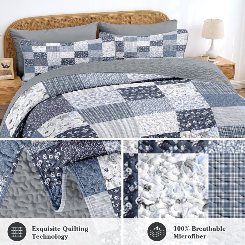 Pamnest Patchwork Quilt Set Queen Size, Floral Boho 3 Pcs Soft Bed Cover Bedding Set, Rustic Blue Farmhouse Lightweight Bedspread Coverlet with 2 Pillow Shams for All Season - Image 5