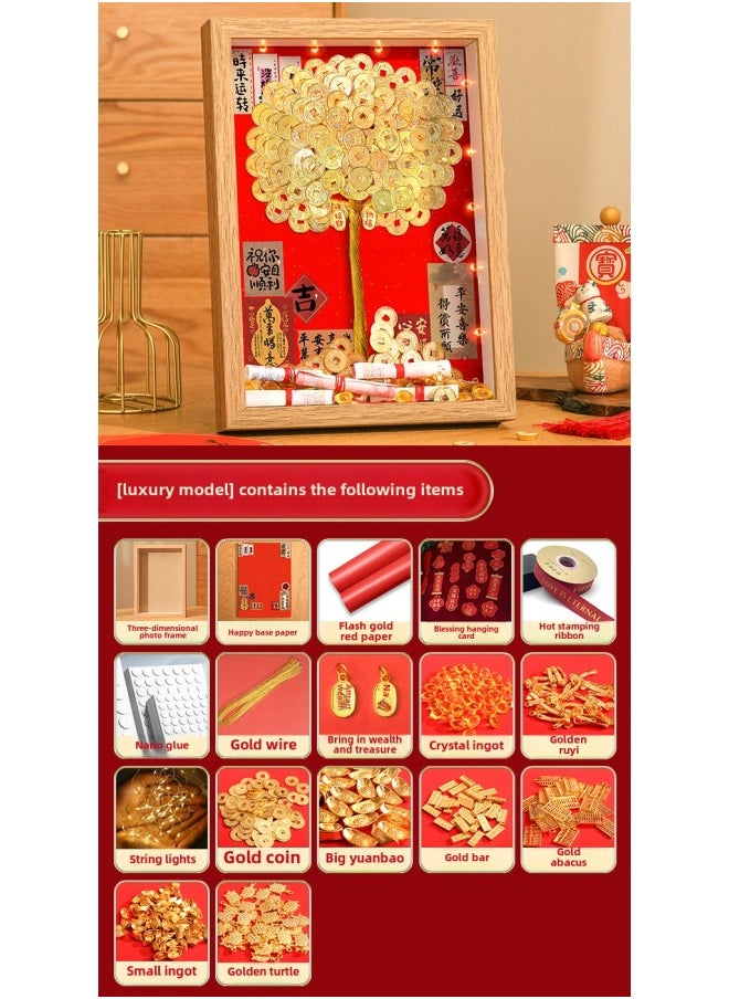 Generic Ge Qiang Fortune Tree Diy Photo Frame 50 Cents Coin Decoration Move Opening Wedding Year Gift Ornaments Material Bag-Color:A4 Hanging + Gift Recommendation [color Paper + Ribbon + Hanging Card + Gift Box] - Flagship Model: Including Gold Coin (happy Background) Super Luxury Eighteen-piece Set  - Image 1