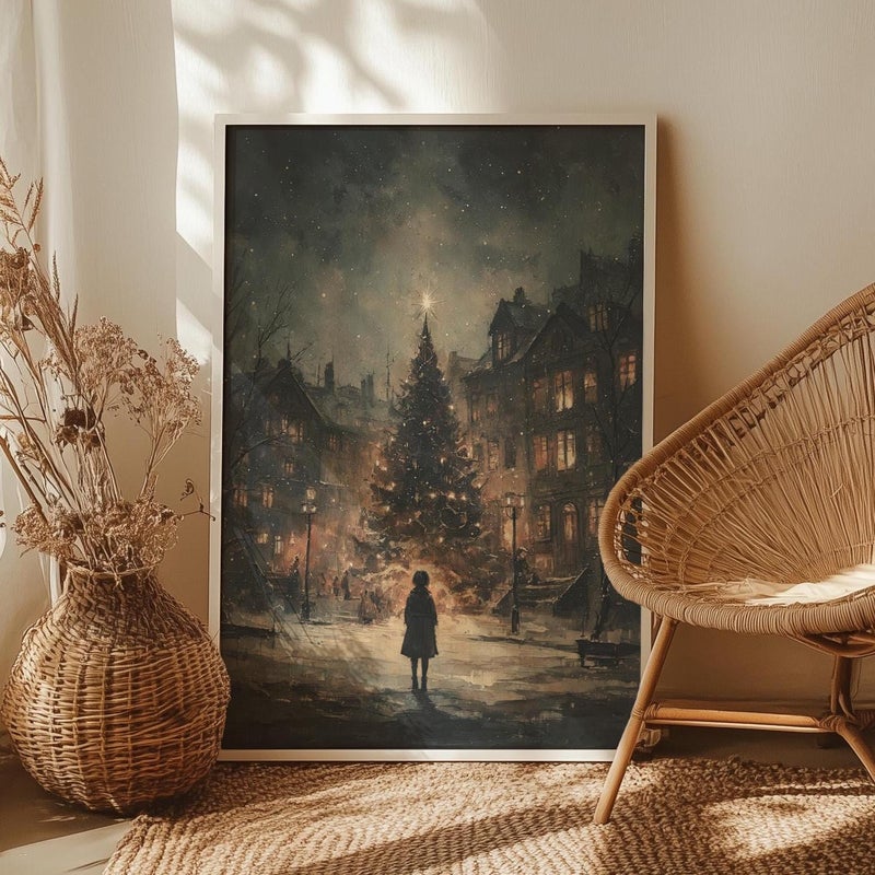 TNESSENTIAL Christmas Eve Moody Wall Art Poster or Canvas Print, Vintage Holiday Scene, The Night Before Christmas Snowy Landscape, Dark Festive Decor - Image 1
