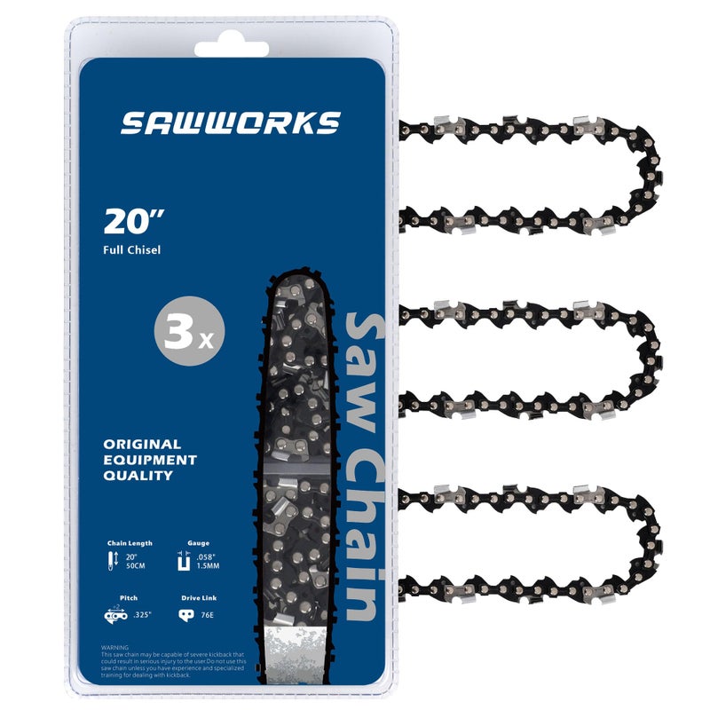 SawWorks 3-Pack 20 Inch Chainsaw Chain, 325" Pitch .058" Gauge 76 Drive Links for Supmix 62cc, WEMARS â€Ž6220G, NEOTEC NCS6200, Blue Max 53543, 52209, 8901, 8902 and More - Image 1