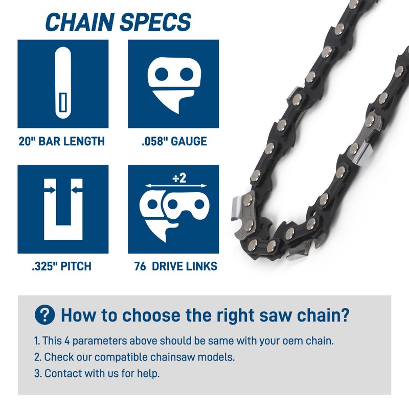 SawWorks 3-Pack 20 Inch Chainsaw Chain, 325" Pitch .058" Gauge 76 Drive Links for Supmix 62cc, WEMARS â€Ž6220G, NEOTEC NCS6200, Blue Max 53543, 52209, 8901, 8902 and More - Image 4