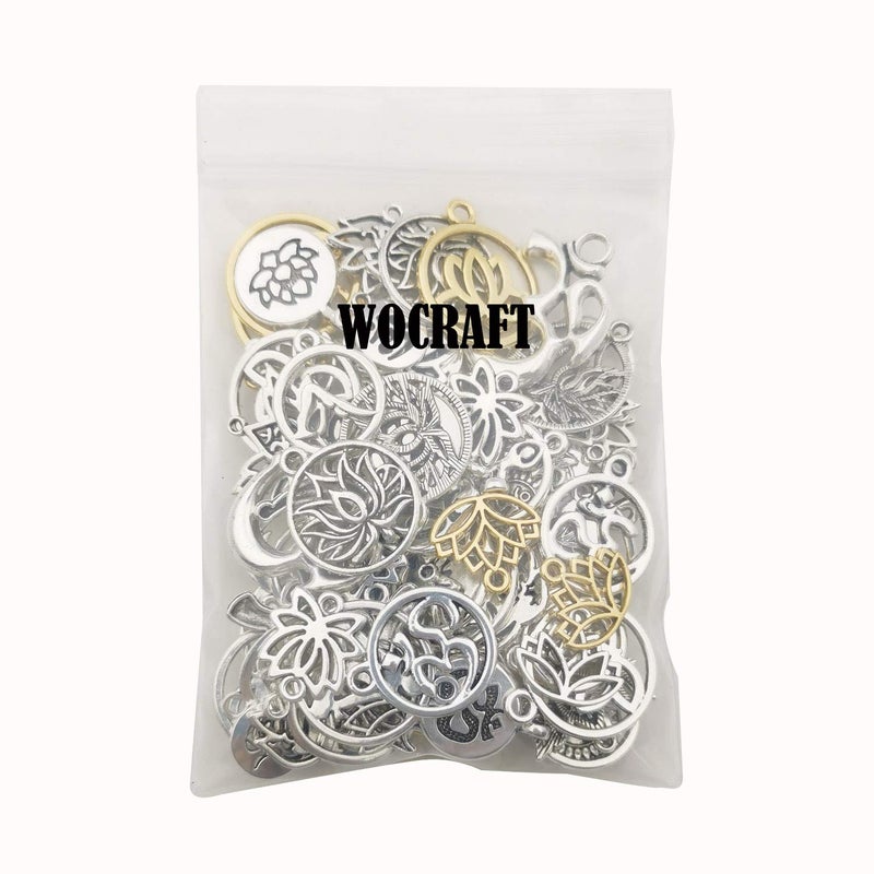 WOCRAFT 100 جرام (80 قطعة) مستلزمات الحرف اليدوية تعويذات زهرة اللوتس يوغا أوم فضة عتيقة لصنع المجوهرات وملحقات الحرف اليدوية لقلادة وسوار (M294) - Image 5