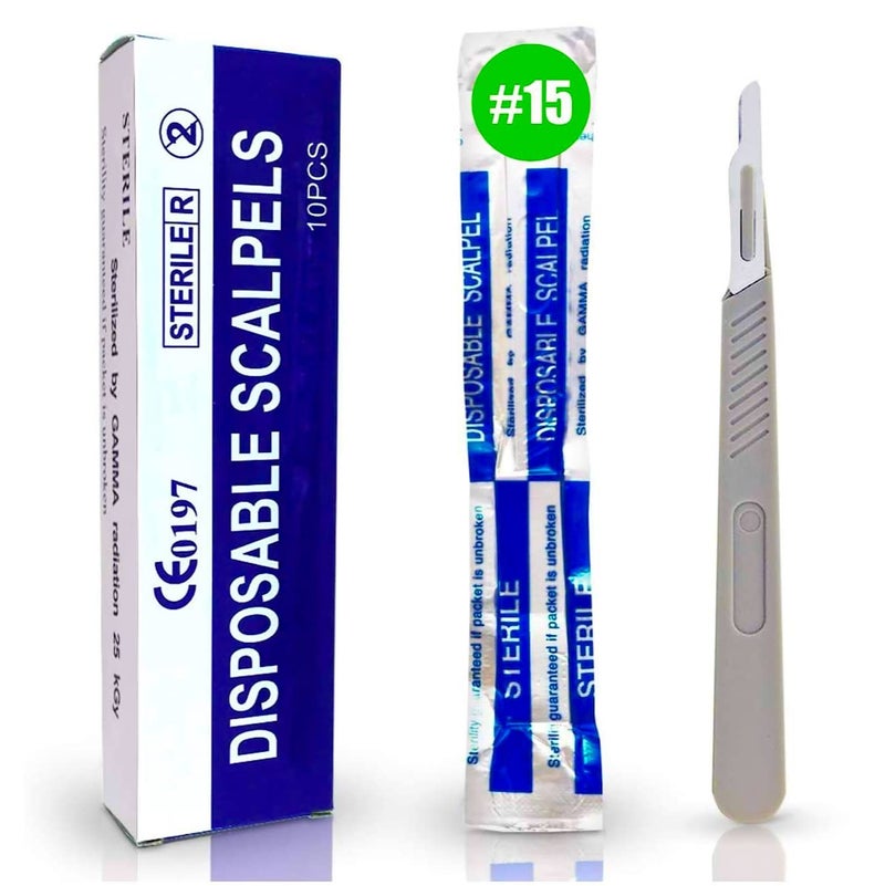 MedHelp Disposable Scalpel 15 Disposable Dermaplaning Blades with Plastic Handle, High Carbon Steel Dermablade Blades. Individually Wrapped 10 Blade - Box of 10 - Image 1