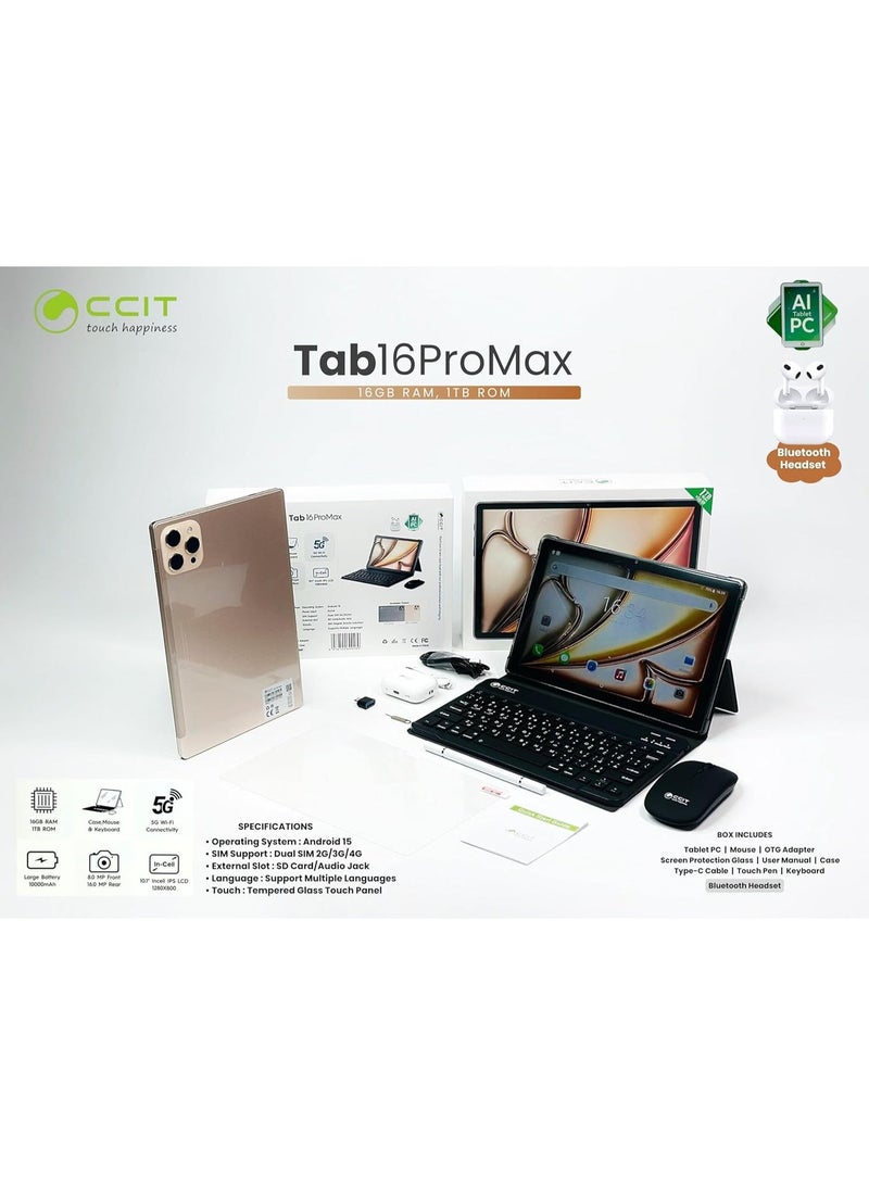 CCIT Tab16 ProMax Android 15 Tablet | 10.1-Inch HD Display, 16GB RAM + 1TB ROM | 5G Dual SIM Wi-Fi Tablet with Keyboard & Bluetooth Headset | 8000mAh Battery, Dual Camera, GPS – Grey - Image 3
