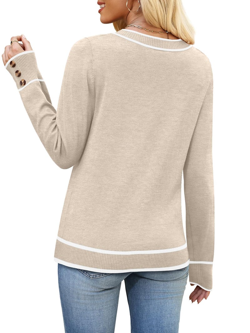 WIHOLL Early Fall Fashion Must Haves 2026 Lightweight V Neck Sweaters for Women Trendy Dressy Business Casual Outfits Long Sleeve Winter Clothes Color Block Beige M - Image 3