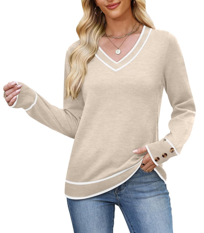 WIHOLL Early Fall Fashion Must Haves 2026 Lightweight V Neck Sweaters for Women Trendy Dressy Business Casual Outfits Long Sleeve Winter Clothes Color Block Beige M - Image 5