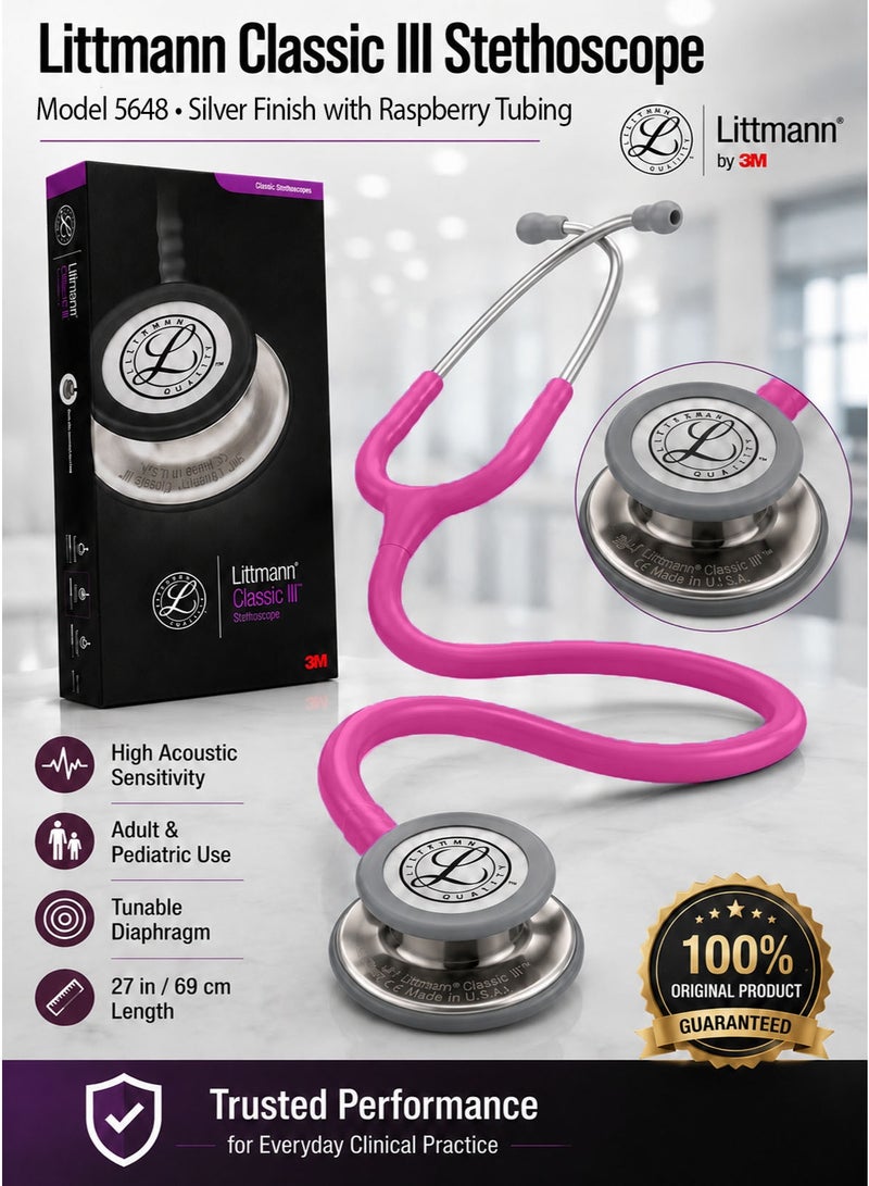 3M Littmann Classic III Monitoring Stethoscope Model 5648, Premium Silver-Finish Stainless Steel Dual-Sided Chestpiece, Raspberry Tubing, Adult and Pediatric Tunable Diaphragms, Soft-Sealing Eartips, Non-Chill Bell Sleeve, 27 Inch / 69 cm - Image 1