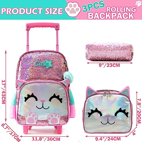 Meetbelify Cute Cat Rolling Backpack for Girls Pink 17X118X67 with Laptop Sleeve Lunch Box Pencil Case and Pendant - Image 3
