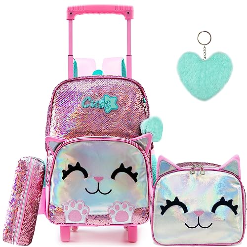 Meetbelify Cute Cat Rolling Backpack for Girls Pink 17X118X67 with Laptop Sleeve Lunch Box Pencil Case and Pendant - Image 1