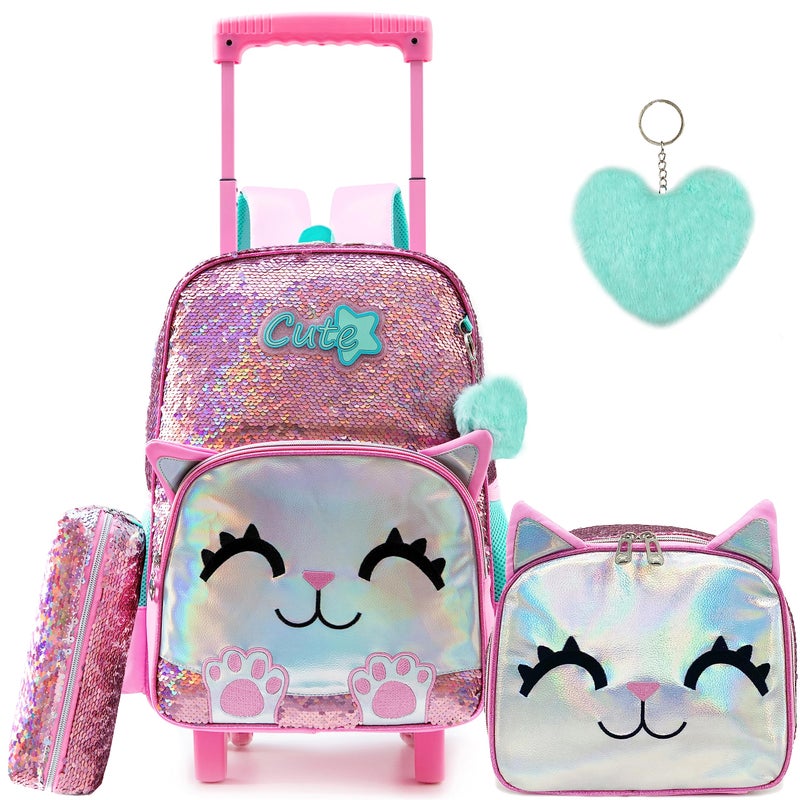 Meetbelify Cute Cat Rolling Backpack for Girls Pink 17X118X67 with Laptop Sleeve Lunch Box Pencil Case and Pendant - Image 2