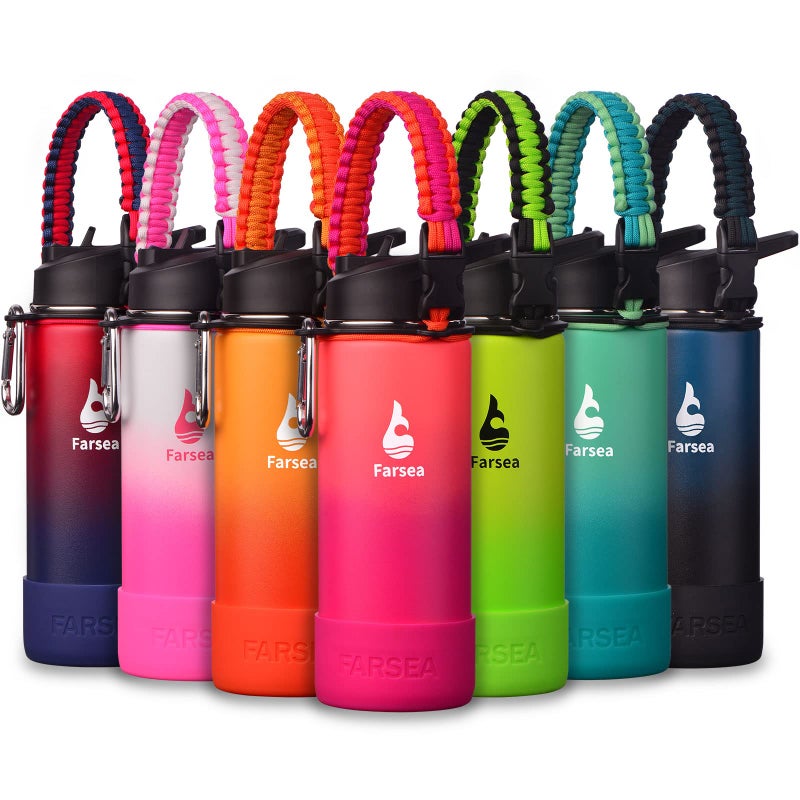 Farsea Insulated Water Bottle With Paracord Handle Protective Silicone Boot and 2 Lids Straw Lid  Spout Lid Stainless Steel Water Bottle Wide Mouth Double Wall SweatProof BPAFree 18 oz