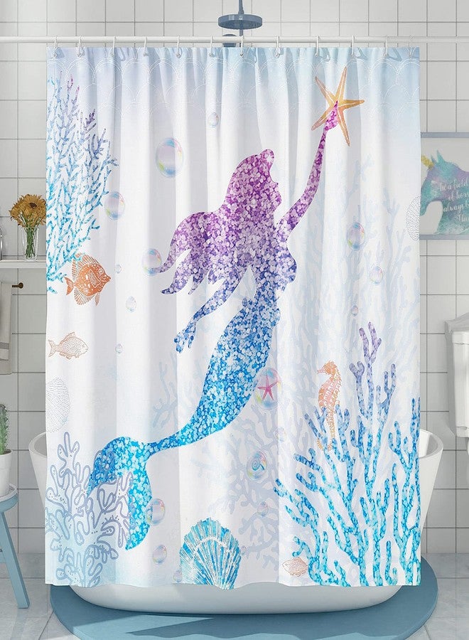 DESIHOM Cute Mermaid Shower Curtain Set, Glitter Fish Scale Girls Shower Curtains for Bathroom Kids Bathroom Decor Polyester Fabric-72" x 72" - Image 1