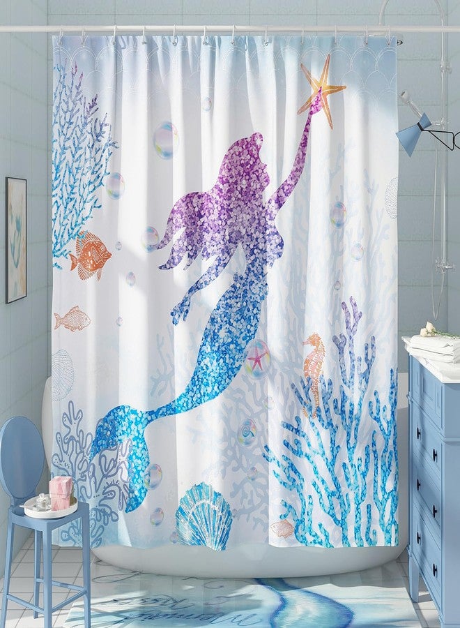 DESIHOM Cute Mermaid Shower Curtain Set, Glitter Fish Scale Girls Shower Curtains for Bathroom Kids Bathroom Decor Polyester Fabric-72" x 72" - Image 3