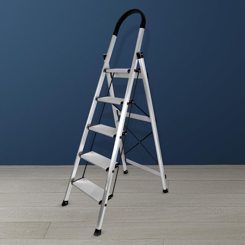 plantex Plantex Surestep 5 Step Aluminum Ladder for Home UseWide Anti Skid Step Foldable Ladder with Knee Guard PVC Shoes and Cross Bars AnodizeSilver  - Image 1