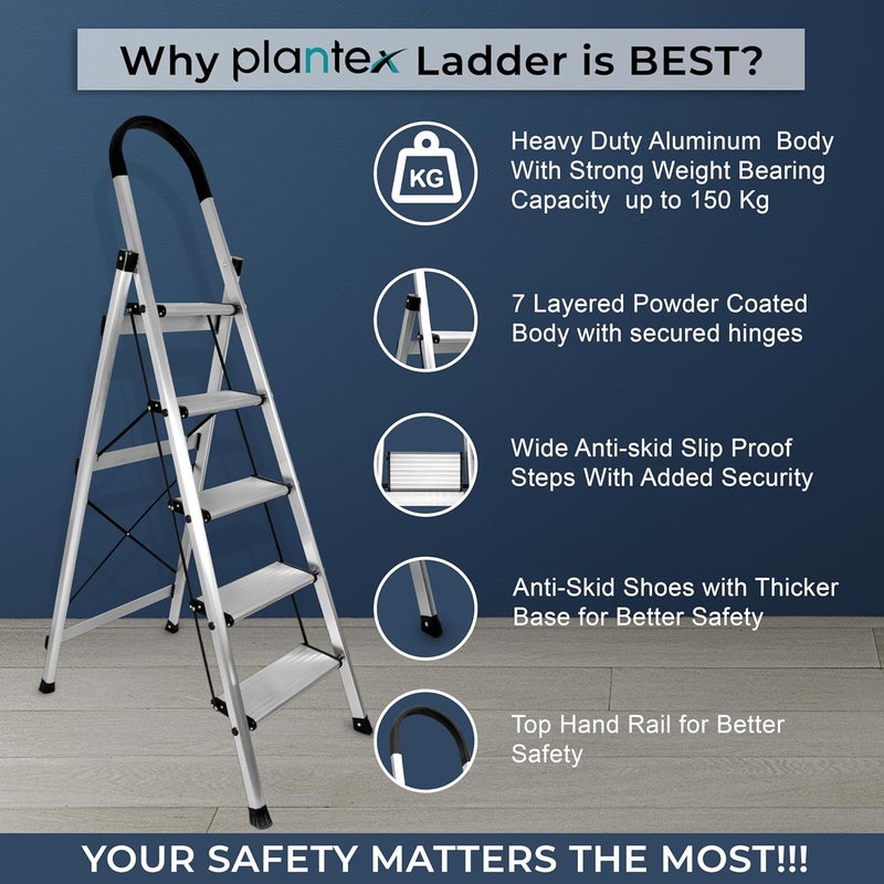 plantex Plantex Surestep 5 Step Aluminum Ladder for Home UseWide Anti Skid Step Foldable Ladder with Knee Guard PVC Shoes and Cross Bars AnodizeSilver  - Image 5