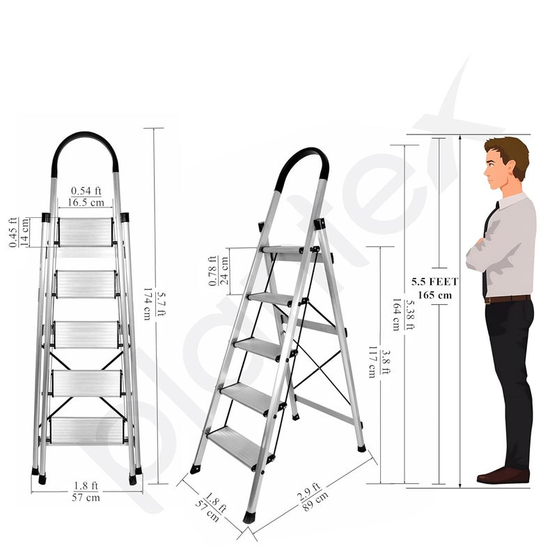 plantex Plantex Surestep 5 Step Aluminum Ladder for Home UseWide Anti Skid Step Foldable Ladder with Knee Guard PVC Shoes and Cross Bars AnodizeSilver  - Image 4