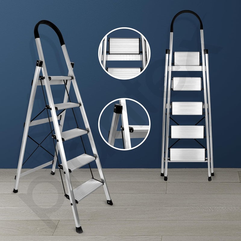 plantex Plantex Surestep 5 Step Aluminum Ladder for Home UseWide Anti Skid Step Foldable Ladder with Knee Guard PVC Shoes and Cross Bars AnodizeSilver  - Image 2