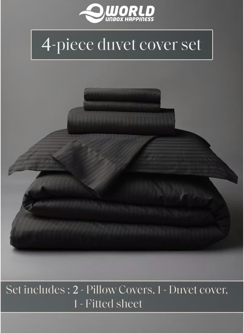 إي وورلد طقم لحاف مخطط فاخر لكل المواسم – طقم 4 قطع باللون أسود | حجم كينغ 220×240 سم | فائق النعومة، مقاوم للتجاعيد ومصنوع في دبي | يشمل غطاء لحاف، ملاءة مطاطية (200×200 سم) و2 كيس وسادة (50×70 سم) - Image 2