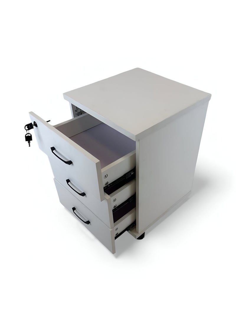 l'elefante Modern White 3-Drawer Wooden Filing Cabinet with Lock & Wheels - Stylish Office Storage Unit - Image 3