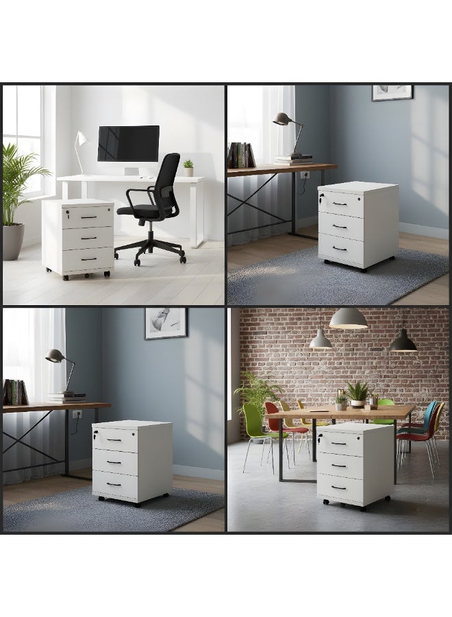 l'elefante Modern White 3-Drawer Wooden Filing Cabinet with Lock & Wheels - Stylish Office Storage Unit - Image 1