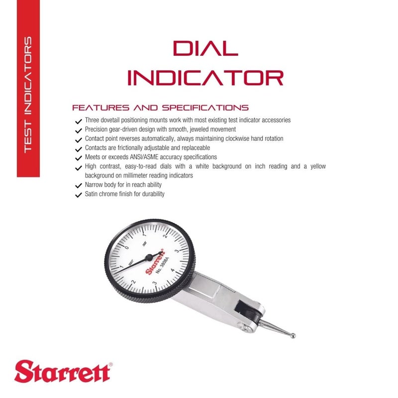 Starrett Starrett Dial Test Indicator with Dovetail Mount Two Dovetail Clamps and Case  114 White Dial Face 008 Range 040 Dial Reading 0001 Graduations  3808A  - Image 2