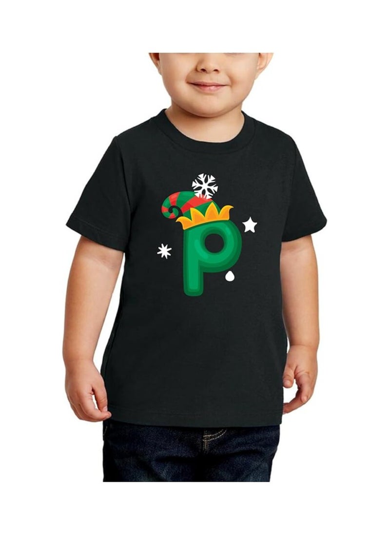 PRINTSHOP4ME - Christmas Initial Letter Printed Kids T-Shirts For Boys-Fun And Festive Holiday Gift For Your Little Guy-Gifts For Friends And Family Printed Round Neck T-Shirts For Kids - Image 1