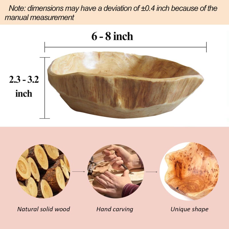 MIATTCLD Wooden Bowl Decorative Natural Wood Fruit Bowl, Irregular Creative Wood Bowls, Rustic Hand Carved Candy Snack Keys Serving Bowls for Home Decor (6"-8" Diameter) - Image 2