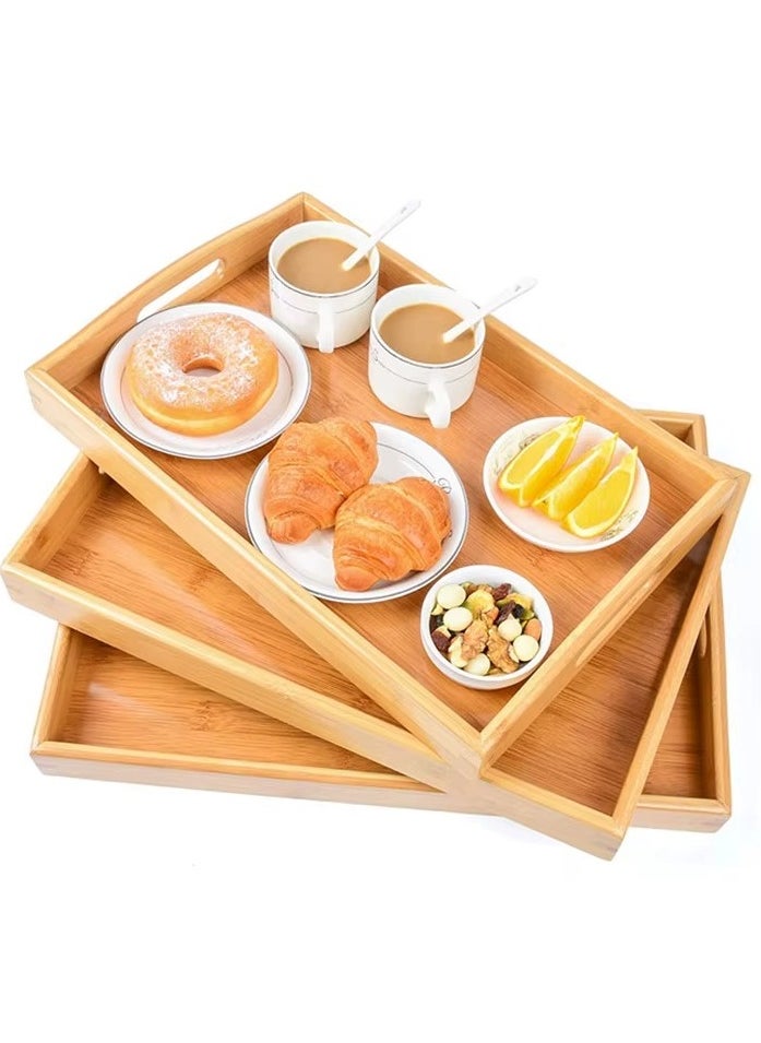 Trendify - Stackable Bamboo Serving Tray with Handles, Set of 3 Sizes - Decorative Nesting Wooden Trays for Serving Food, Coffee, Breakfast in Bed, Durable Eco-Friendly Design - Image 1