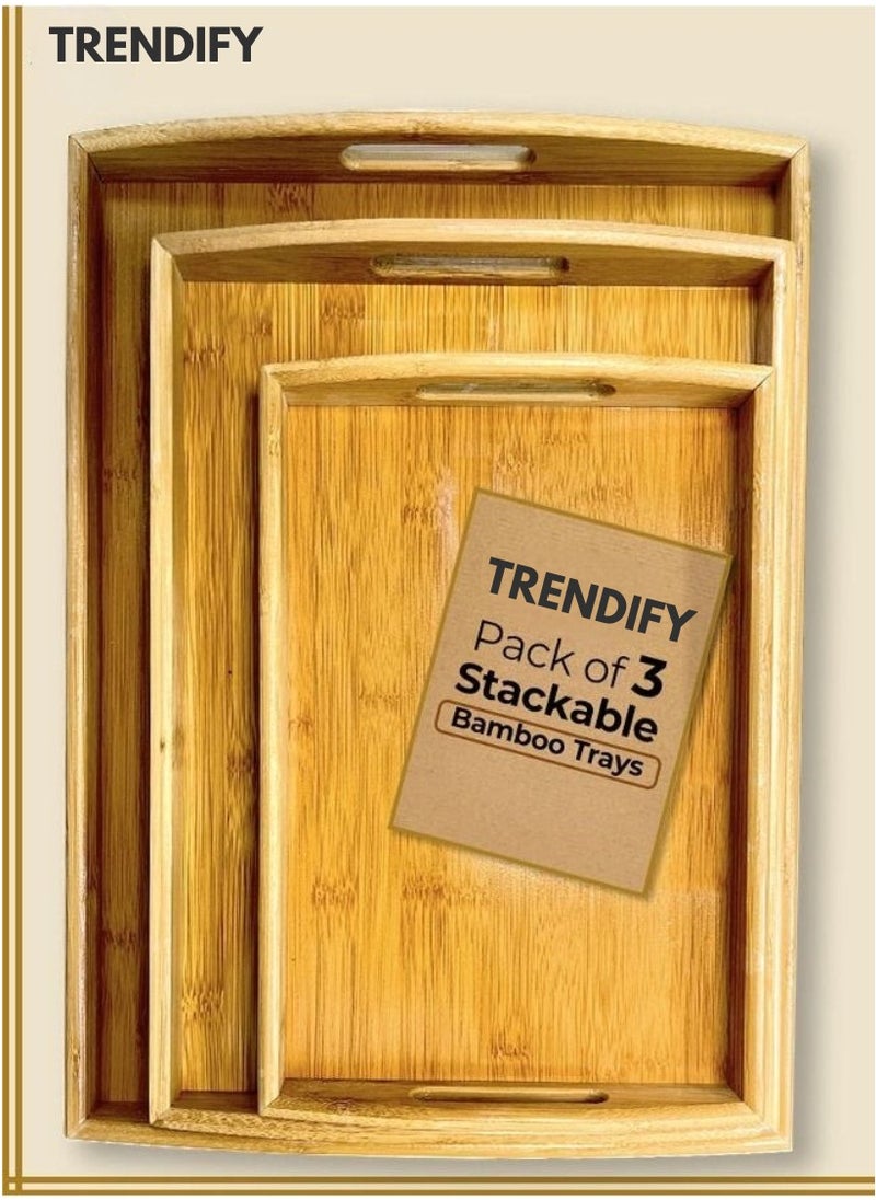 Trendify - Stackable Bamboo Serving Tray with Handles, Set of 3 Sizes - Decorative Nesting Wooden Trays for Serving Food, Coffee, Breakfast in Bed, Durable Eco-Friendly Design - Image 1