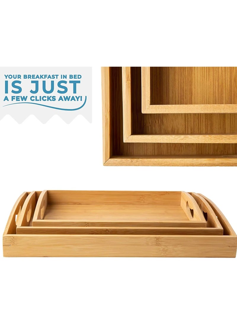 Trendify - Stackable Bamboo Serving Tray with Handles, Set of 3 Sizes - Decorative Nesting Wooden Trays for Serving Food, Coffee, Breakfast in Bed, Durable Eco-Friendly Design - Image 1